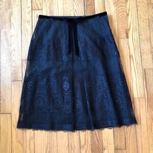 Ann Taylor NWT Women's Black Lace A-Line Skirt With Velvet Belt And Bow Size 4
